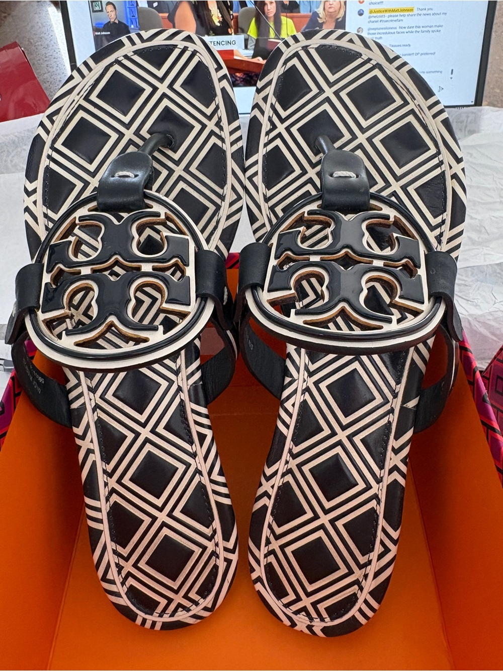 Tory Burch Black & White Logo Thong Sandals